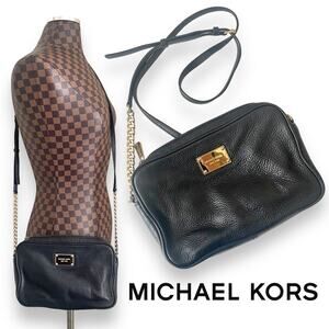 Michael Kors Black Leather Crossbody Bag Gold Chain Handbag Purse Classic Preppy